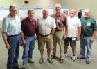 Red Lake Watershed Board members who were present to answer questions on the two work projects for the area at the Gonvick Community Center were from left to right: Lee Coe, Beltrami County; Gene Tiedemann, West Polk County; Allan Page, Red Lake County; Myron Jesme Administrator; Terry Sorenson, East Polk County and Les Torgerson, Clearwater County.